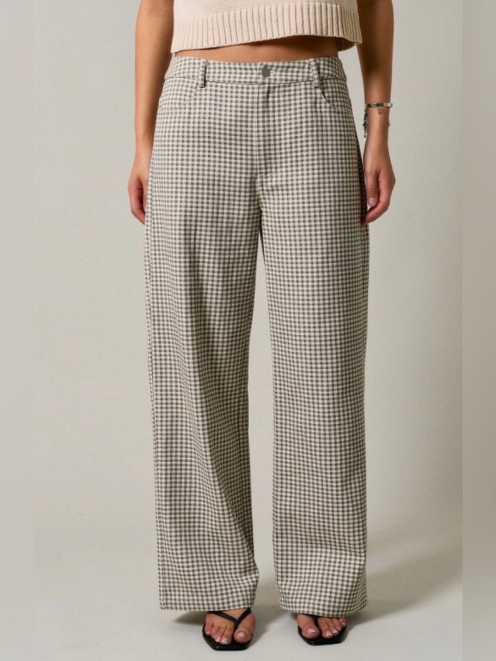 Le Lis Wide Leg Gingham Pants in Beige and Black